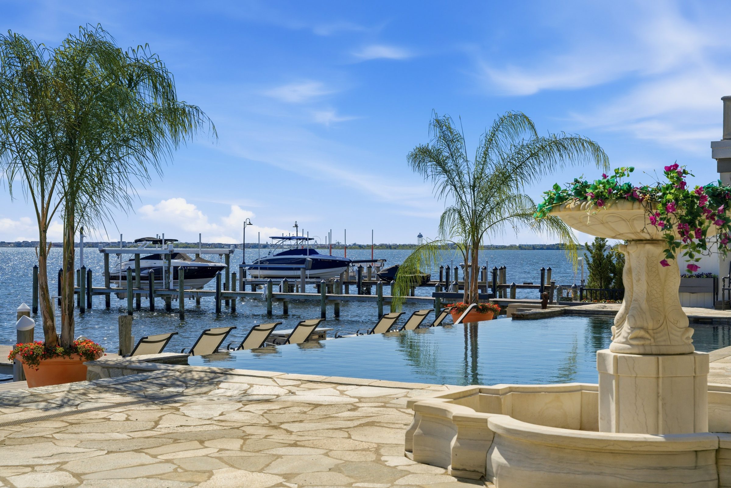 waterfront deck and dock area of the estate