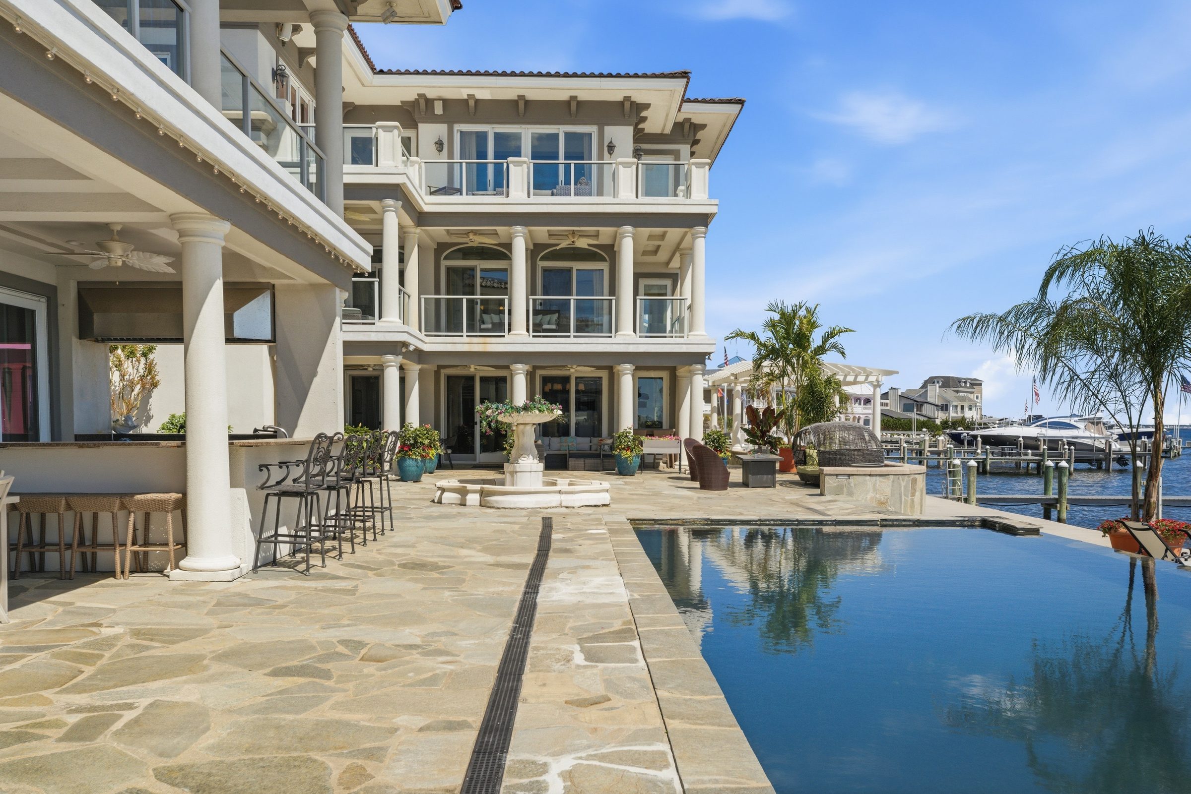 waterfront view of the private boat docks and grounds